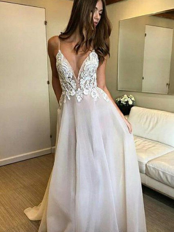 Vestidos de novia de corte A/princesa, sin mangas, escote en V, cola larga, tirantes finos, encaje y organza