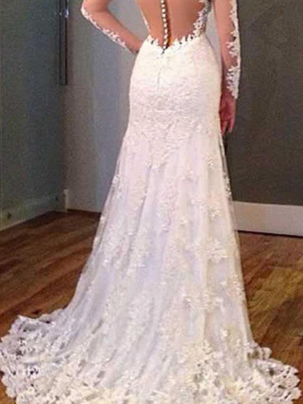 Vestidos de novia de encaje con apliques y cola larga, corte trompeta/sirena, escote en V y mangas largas