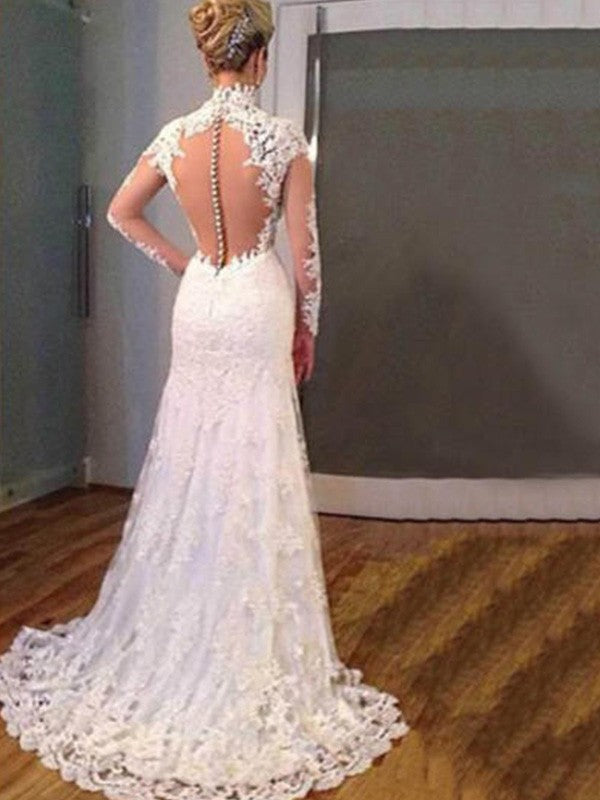 Vestidos de novia de encaje con apliques y cola larga, corte trompeta/sirena, escote en V y mangas largas