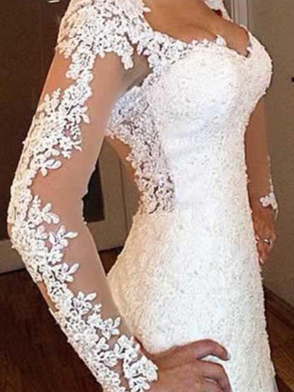 Vestidos de novia de encaje con apliques y cola larga, corte trompeta/sirena, escote en V y mangas largas
