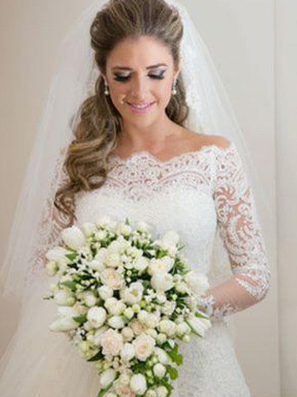 Vestidos de novia de tul con apliques de encaje y cola larga, corte trompeta/sirena, hombros descubiertos