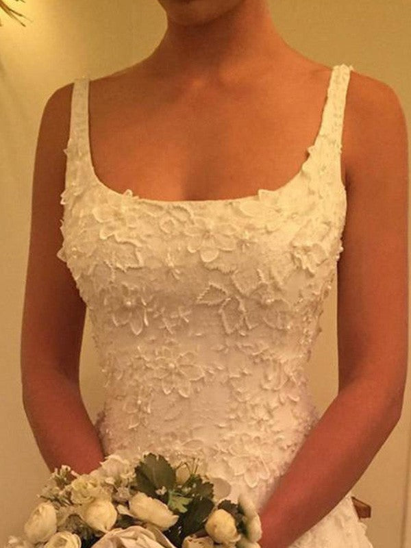 Vestidos de novia de corte A/princesa, sin mangas, con tirantes, cola cuadrada, apliques de encaje