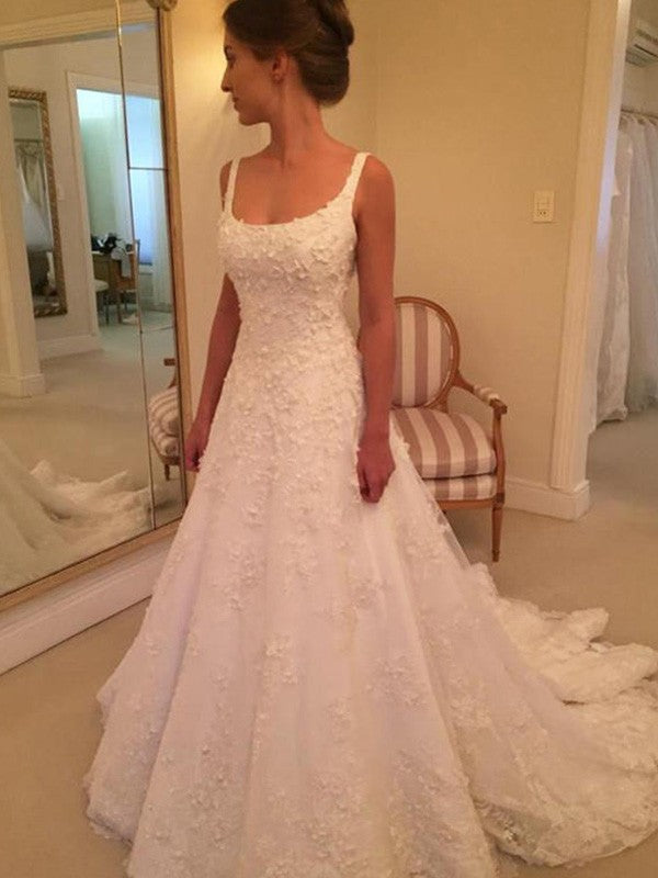 Vestidos de novia de corte A/princesa, sin mangas, con tirantes, cola cuadrada, apliques de encaje