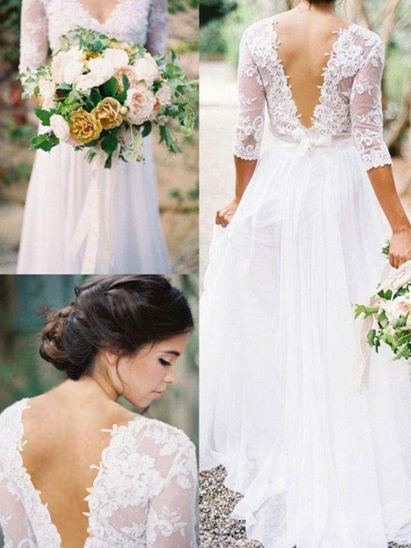 Abiti da sposa in chiffon con applicazioni in pizzo e strascico a spazzola, scollo a V, maniche a 1/2, stile A/Principessa