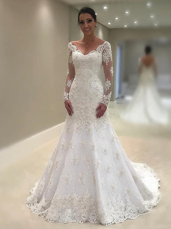 Vestidos de novia de corte sirena/trompeta, mangas largas, escote en V, cola de corte, apliques de encaje