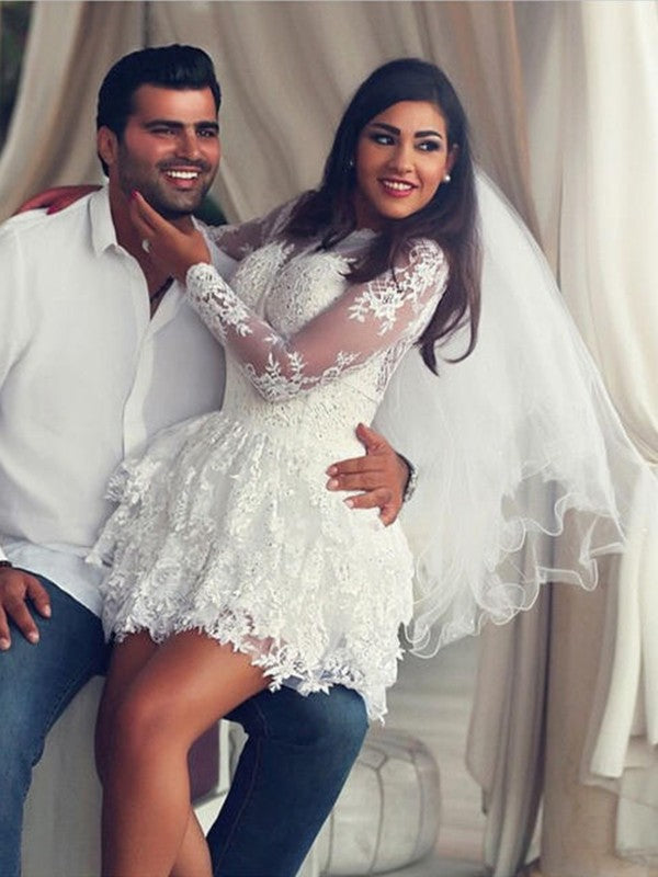 Vestidos de novia cortos/mini de corte A/princesa con apliques de encaje y mangas largas
