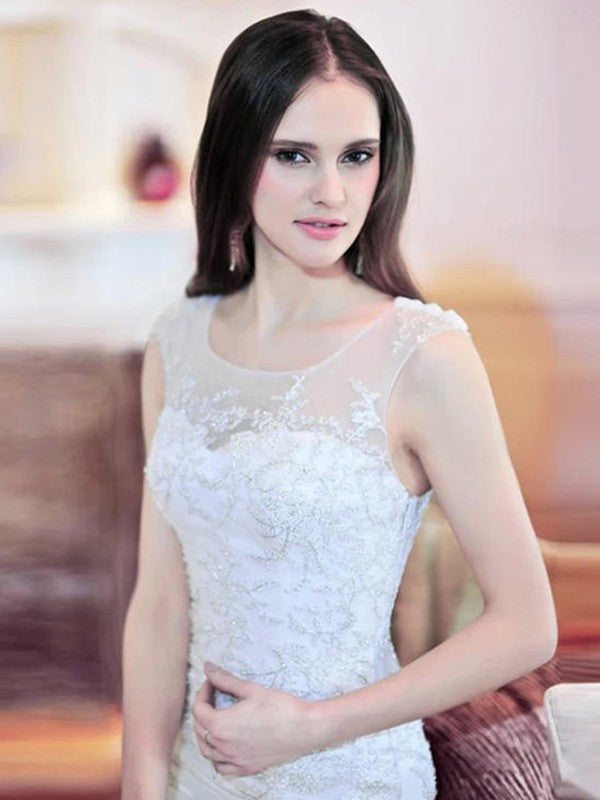 Vestidos de novia de corte trompeta/sirena, sin mangas, con organza y cuentas