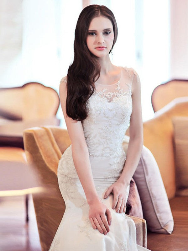 Vestidos de novia de corte trompeta/sirena, sin mangas, con organza y cuentas