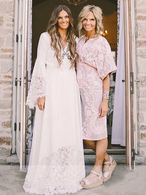 Vestidos de novia de corte A/princesa, escote en V, encaje, faja, cinta, cinturón, gasa, mangas largas, cola larga