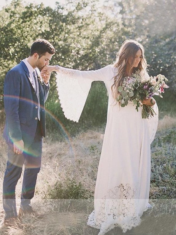 Vestidos de novia de corte A/princesa, escote en V, encaje, faja, cinta, cinturón, gasa, mangas largas, cola larga