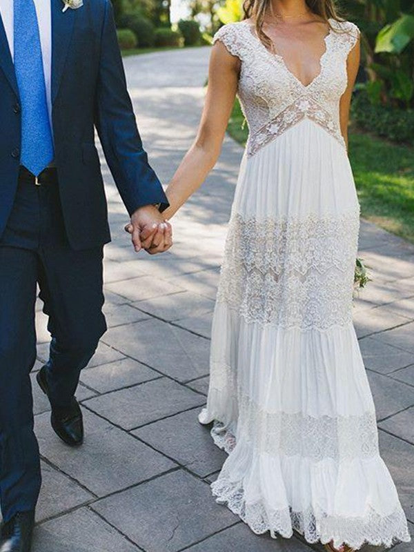 Vestidos de novia de corte A/princesa, con encaje, escote en V, fruncido, mangas cortas y largo hasta el suelo