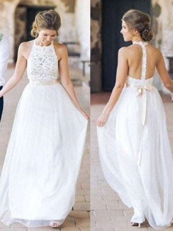 Vestidos de novia de corte A/princesa, de tul, con faja, cinta o cinturón, estilo halter, sin mangas y hasta el suelo