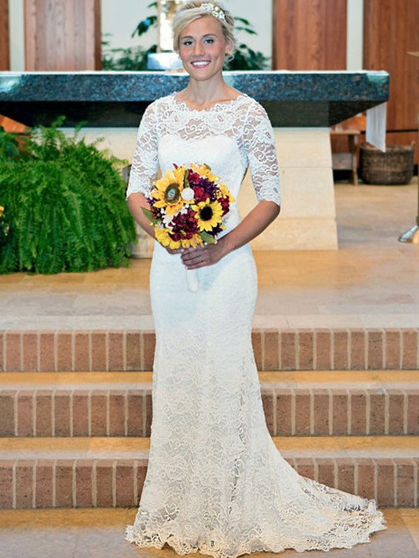 Ivory Lace Mermaid Floor-Length Evening Gown with Boat Neck