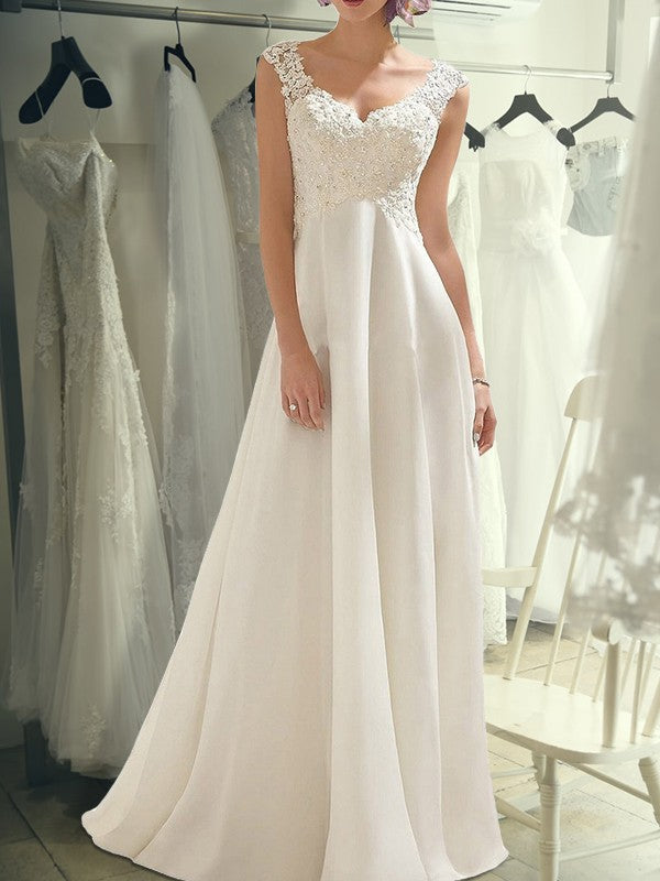 Ivory Chiffon Lace A-Line Floor-Length Bridesmaid Dress with Cap Sleeves
