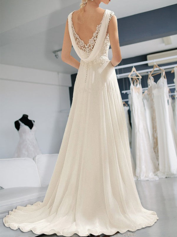 Ivory Chiffon Lace A-Line Floor-Length Bridesmaid Dress with Cap Sleeves