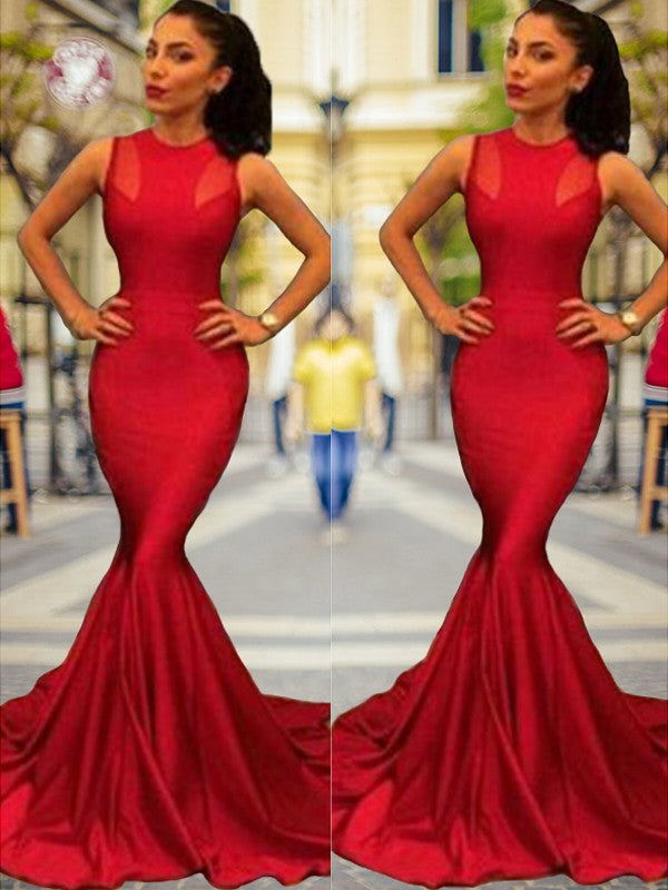 Trumpet/Mermaid Sleeveless Jewel Court Train  Woven Satin Dresses