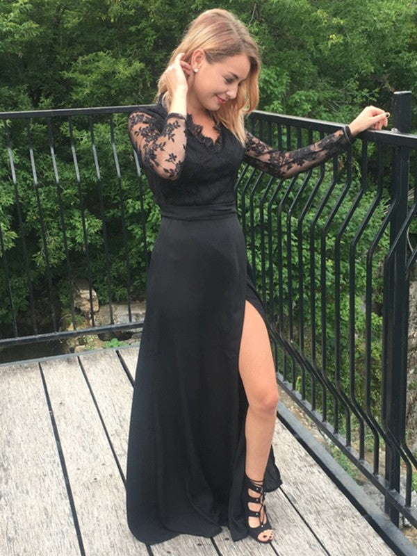 Vestidos de corte A/princesa, mangas largas, escote en V, largo hasta el suelo, encaje, satén, gasa, apliques