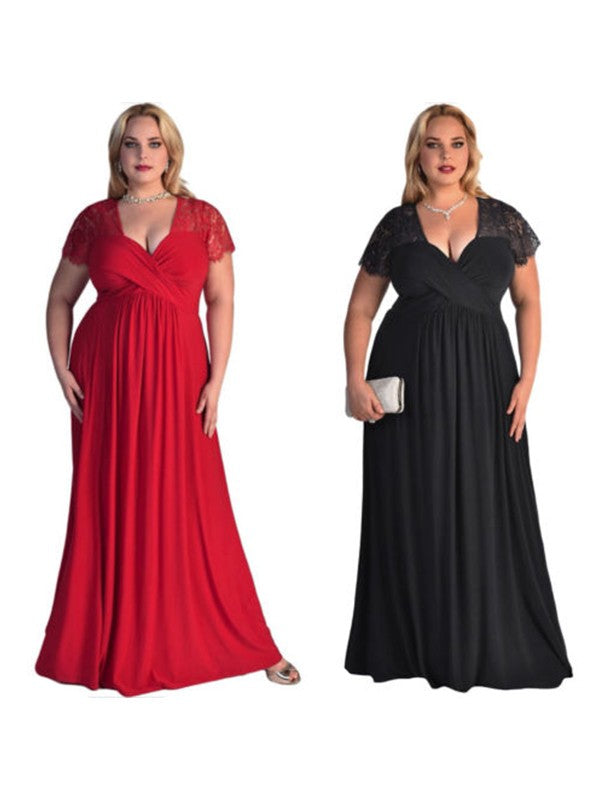 Red Chiffon A-Line Floor-Length Dress with Lace Cap Sleeves and Criss-Cross V-Neck