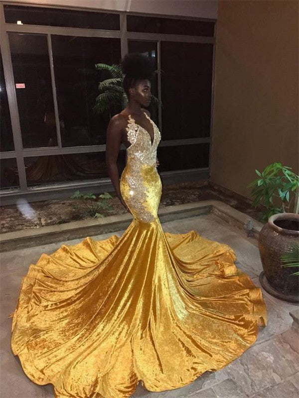 Gold Sequin Mermaid V-Neck Floor-Length Evening Dress