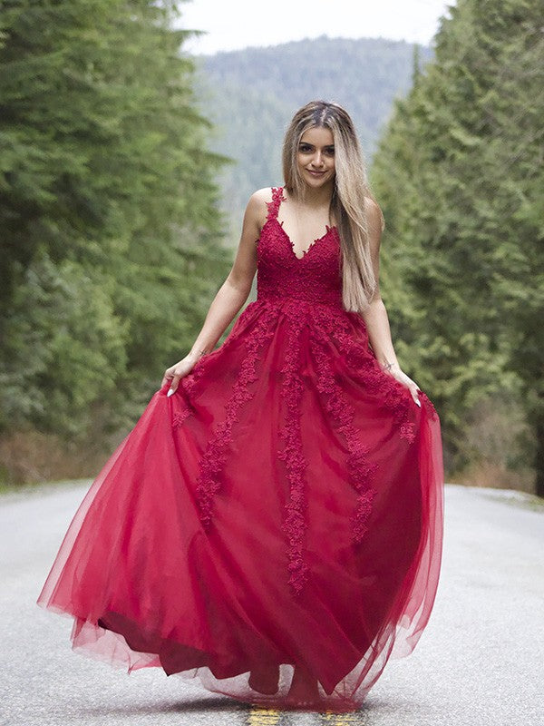Red Chiffon A-Line V-Neck Floor-Length Dress with Lace Appliques