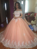 Blushing Pink Off-the-Shoulder Lace Ball Gown Floor-Length Evening Dress