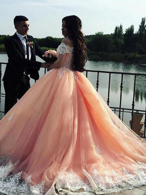 Blushing Pink Off-the-Shoulder Lace Ball Gown Floor-Length Evening Dress