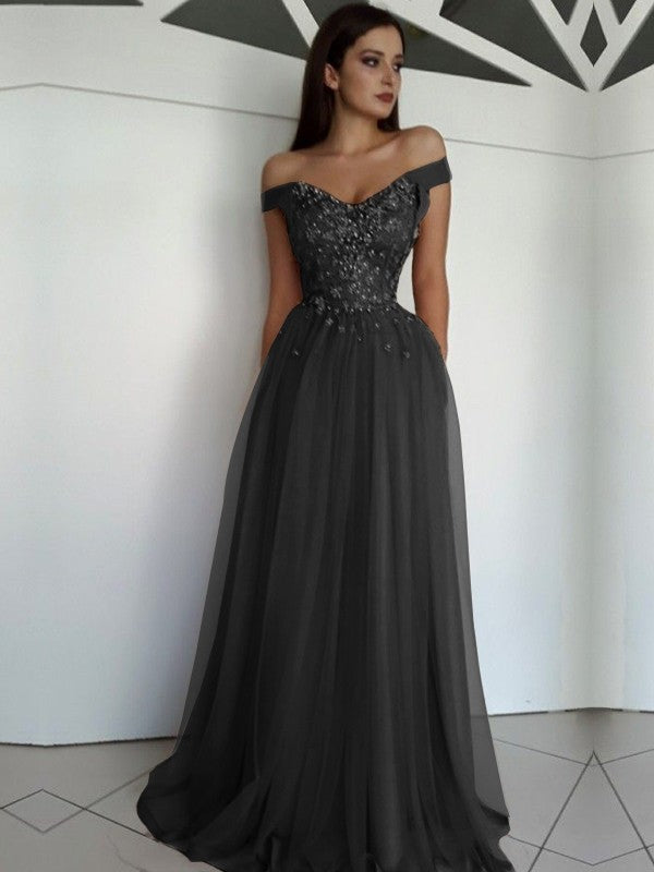 Burgundy Chiffon A-Line Off-the-Shoulder Floor-Length Evening Dress