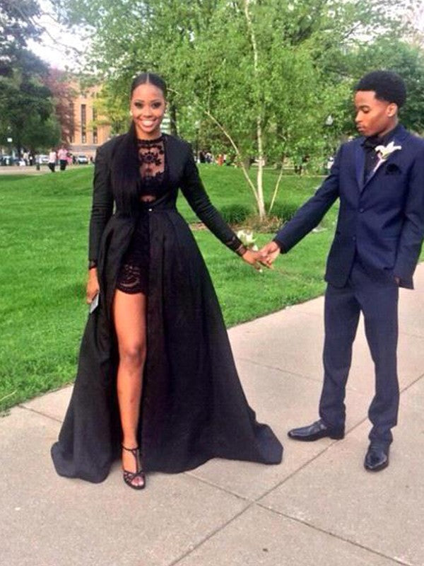 Black Satin A-Line Floor-Length High Neck Dress with Layered Lace Bodice and High-Slit Overskirt