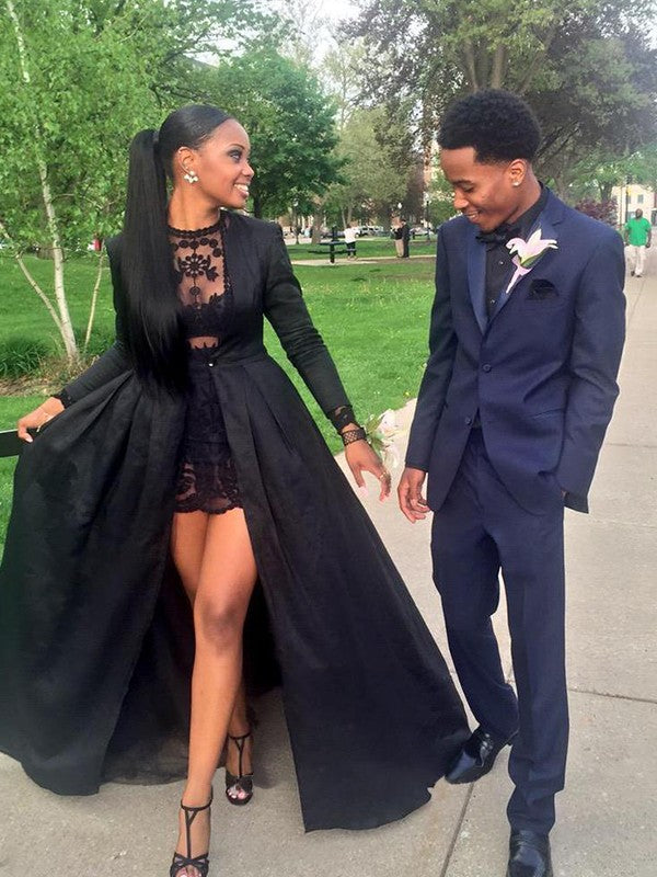 Black Satin A-Line Floor-Length High Neck Dress with Layered Lace Bodice and High-Slit Overskirt