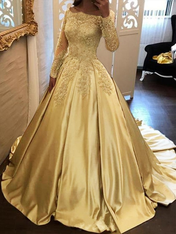 Gold Lace Off-the-Shoulder Floor-Length Evening Dress