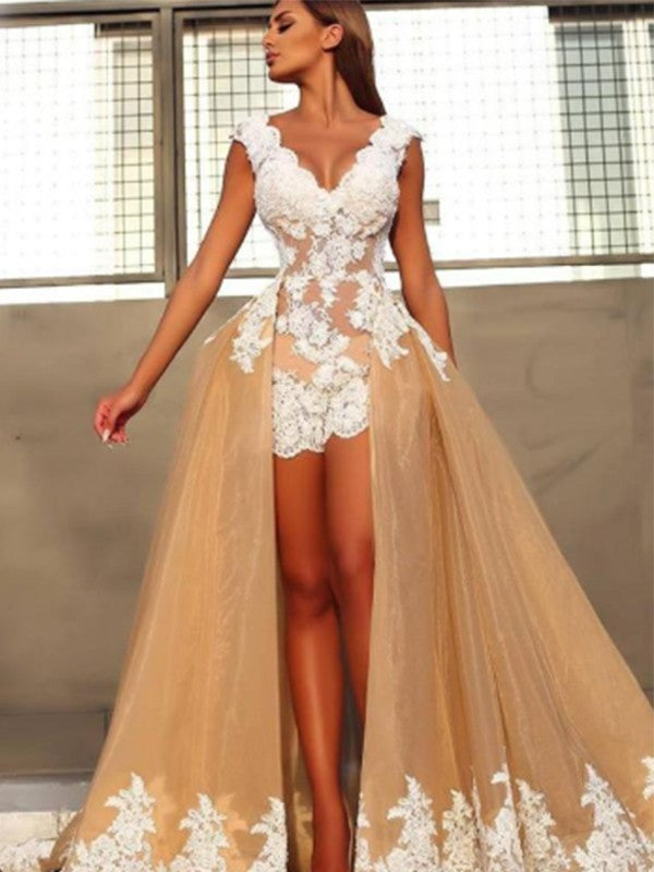 Champagne Lace A-Line Floor-Length Dress with V-Neck & Open Front Tulle Overskirt for Prom, Evening Parties & Wedding Guests