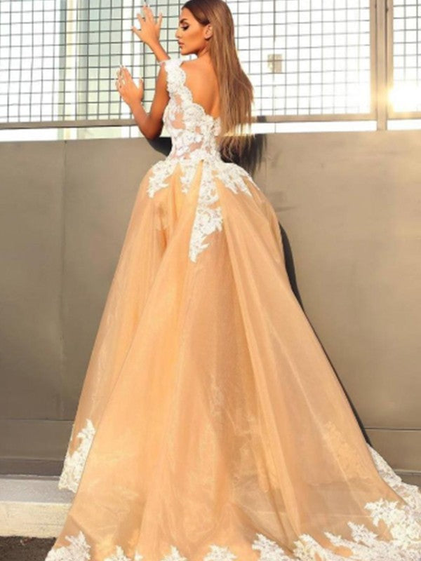 Vestidos de organza con encaje, corte princesa, sin mangas, escote en V y cola larga