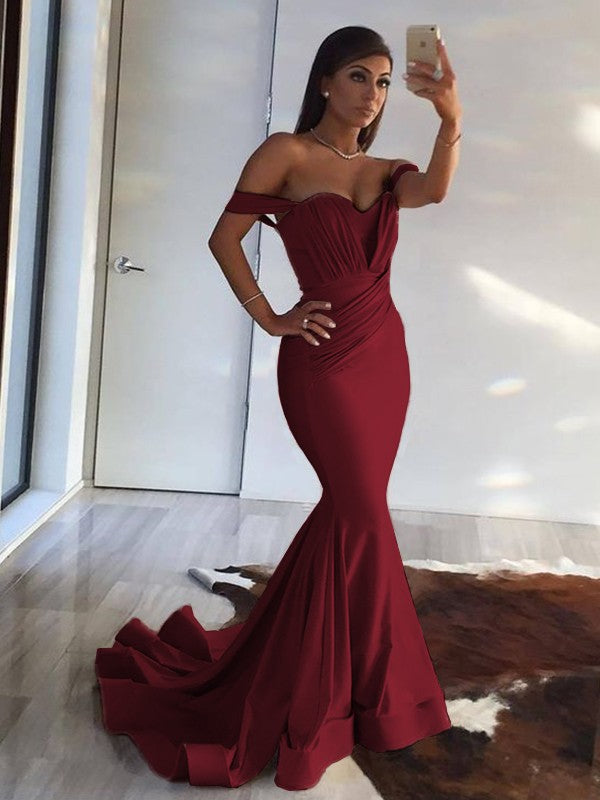 Champagne Satin Off-the-Shoulder Mermaid Floor-Length Evening Dress