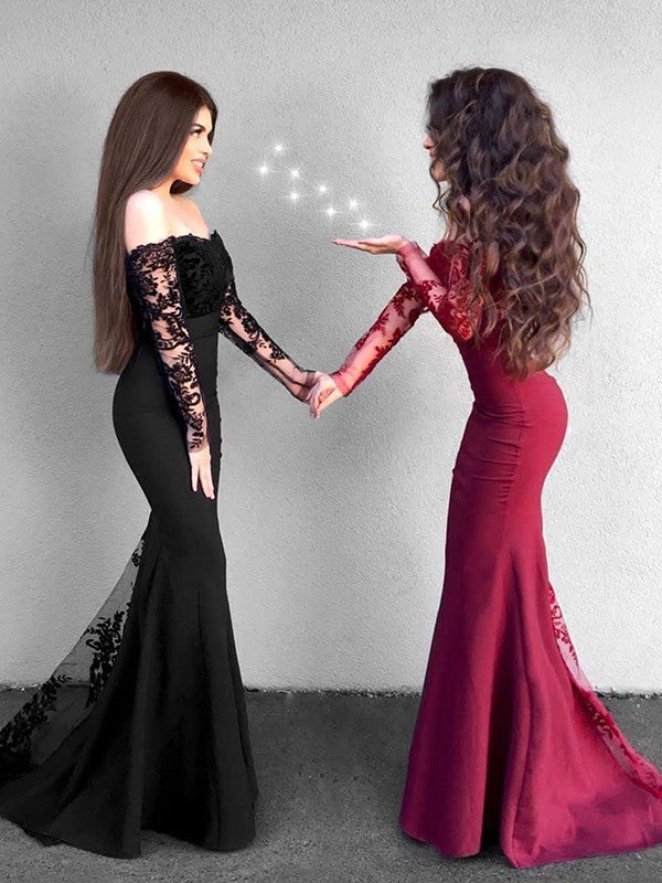 Burgundy Lace Mermaid Floor-Length Evening Dress with Off-the-Shoulder Neckline
