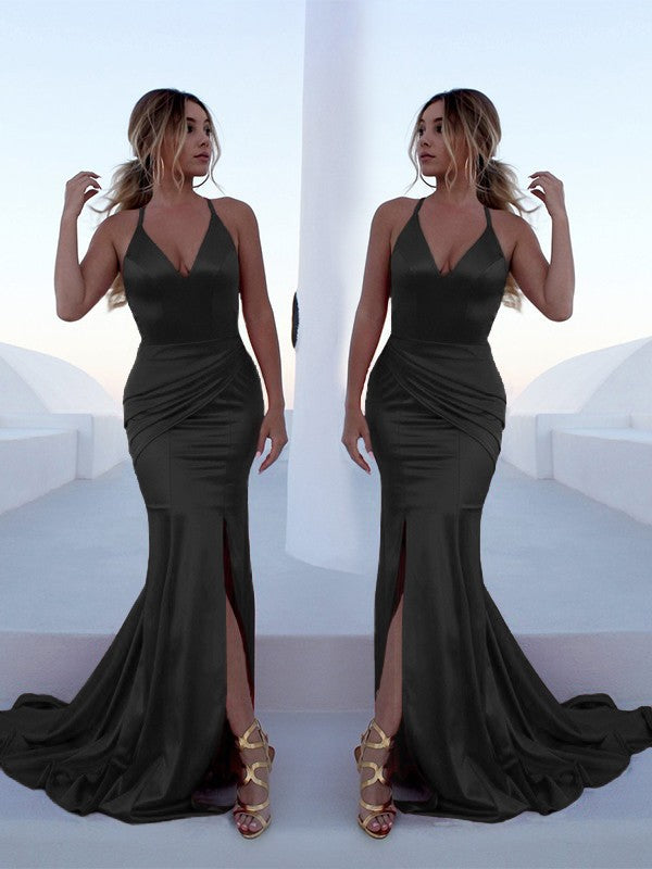 Red Satin Mermaid Floor-Length V-Neck Gown with High Slit