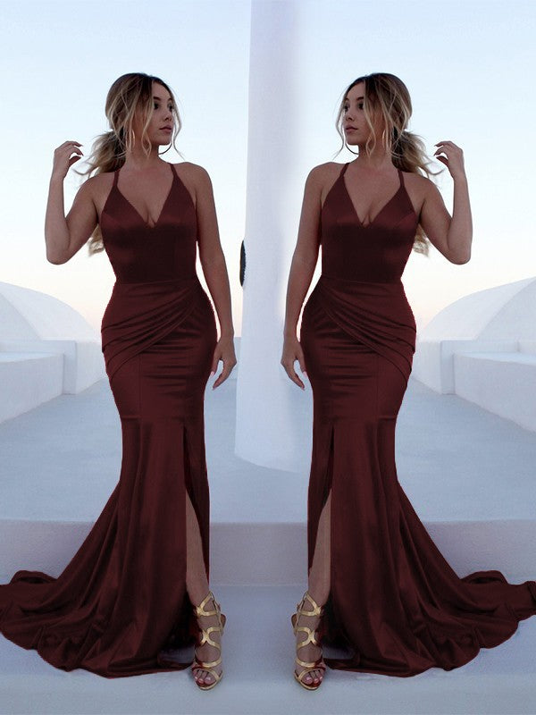 Red Satin Mermaid Floor-Length V-Neck Gown with High Slit