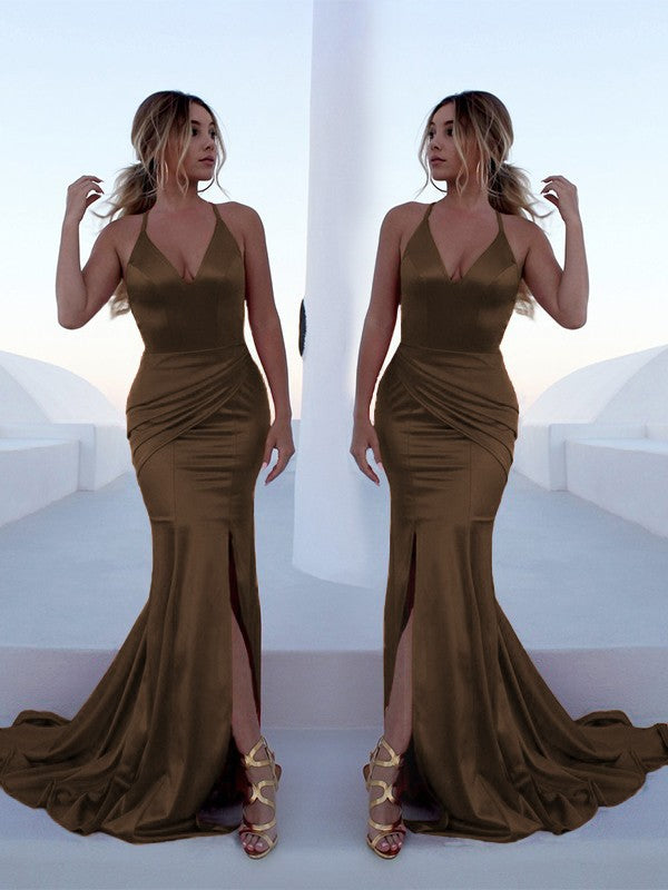 Red Satin Mermaid Floor-Length V-Neck Gown with High Slit