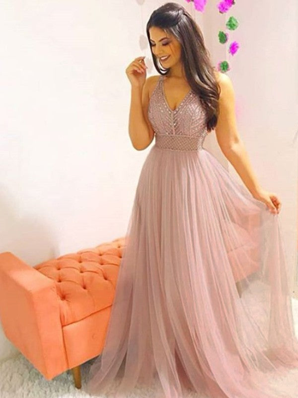 Vestidos de tul con cristales, corte princesa, sin mangas, escote en V y cola larga