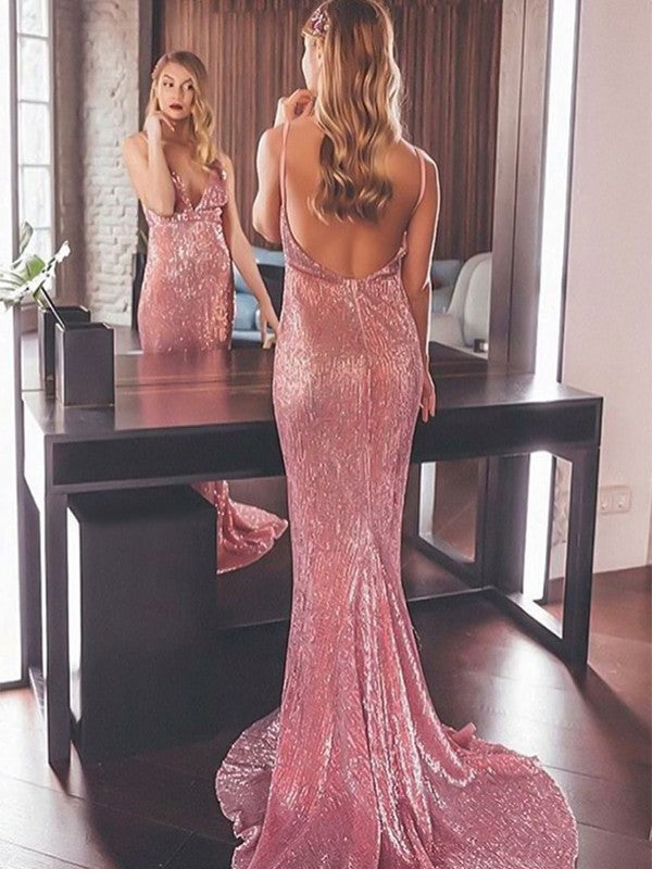 Trumpet/Mermaid Sleeveless V-neck Sweep/Brush Train Ruffles Sequins Dresses