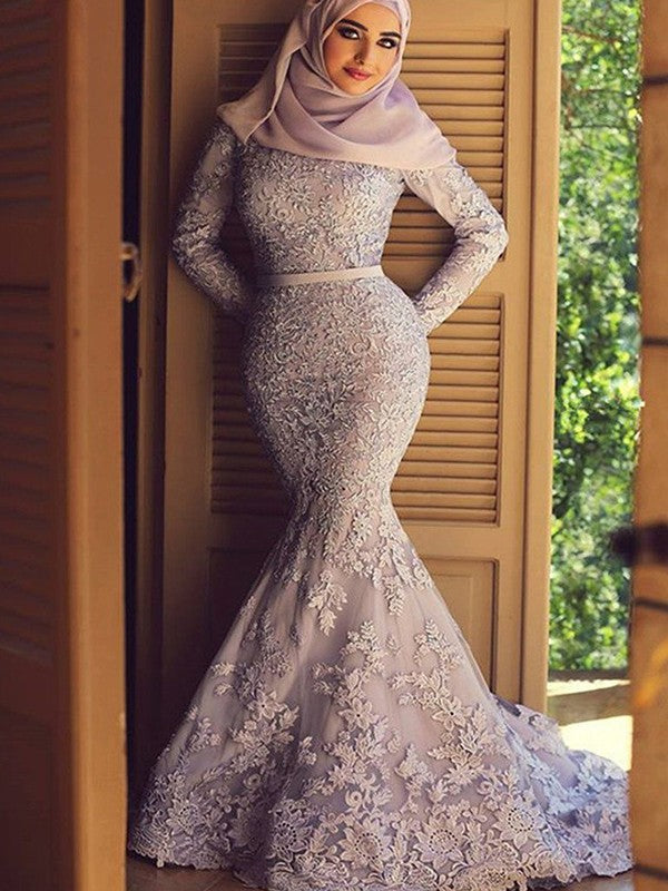 Lavender Lace Mermaid Floor-Length Evening Gown with High Neck