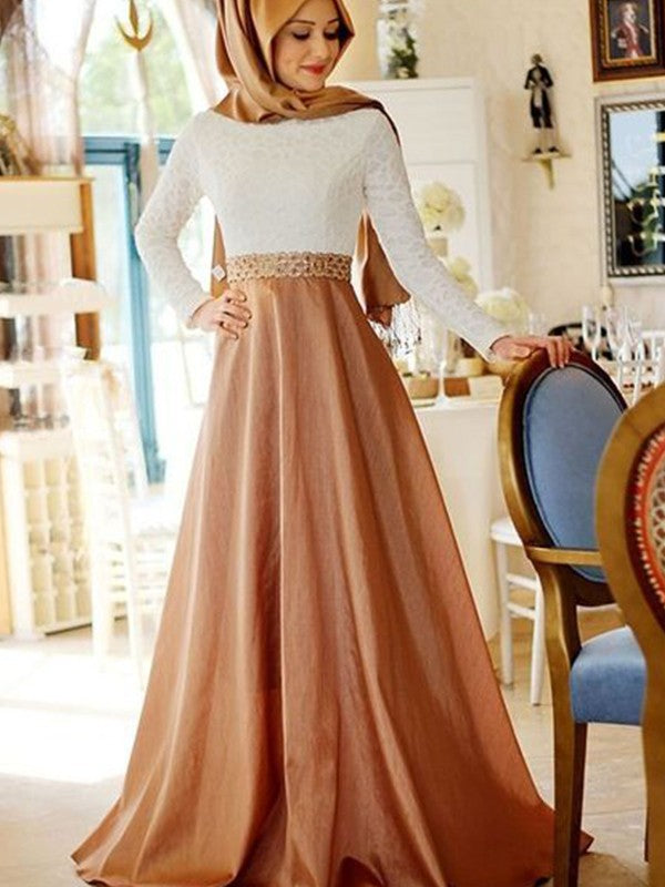Vestidos musulmanes de satén con encaje, corte princesa, mangas largas, escote redondo y cola larga