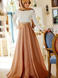 Vestidos musulmanes de satén con encaje, corte princesa, mangas largas, escote redondo y cola larga