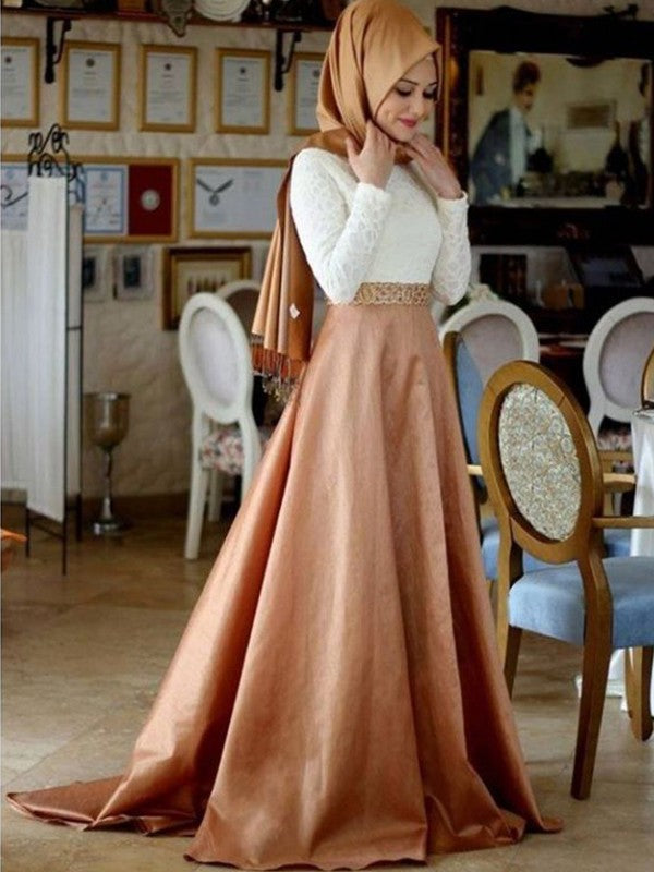 Vestidos musulmanes de satén con encaje, corte princesa, mangas largas, escote redondo y cola larga