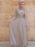 Vestidos musulmanes de gasa con cristales, corte princesa, mangas largas, escote redondo y cola larga