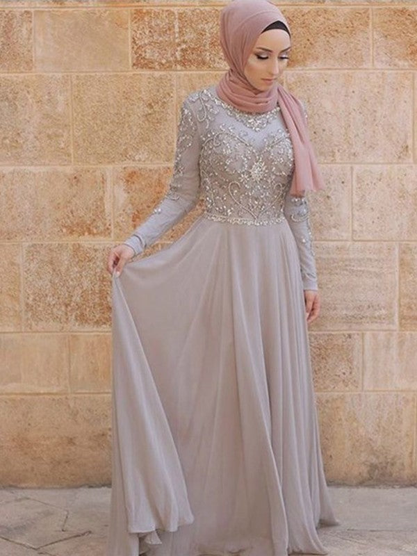 Vestidos musulmanes de gasa con cristales, corte princesa, mangas largas, escote redondo y cola larga