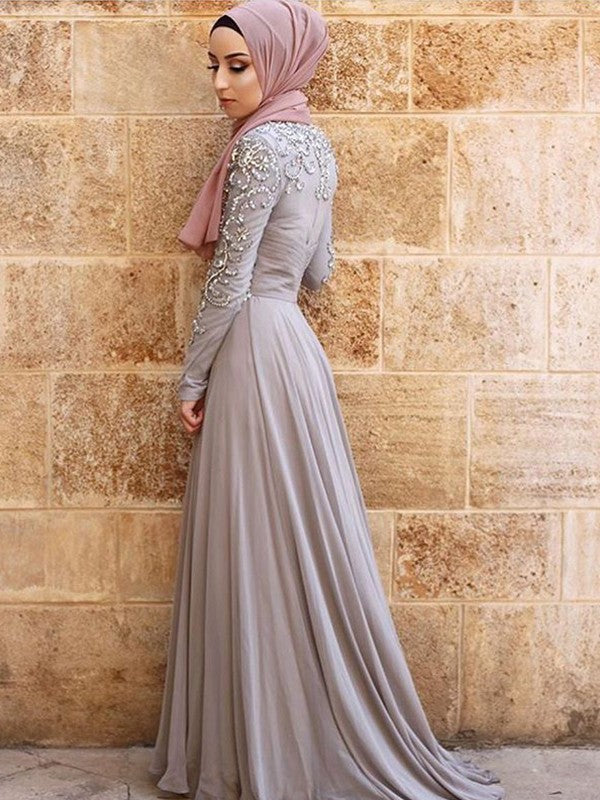 Vestidos musulmanes de gasa con cristales, corte princesa, mangas largas, escote redondo y cola larga