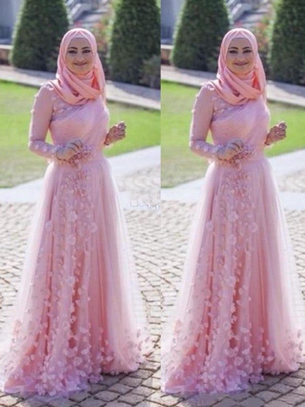 Blushing Pink 3D Floral Long Sleeve A-Line Floor-Length Bridesmaid Dress