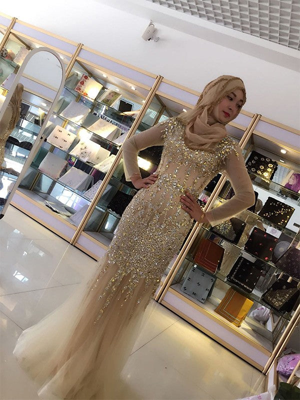 Champagne Sequin Mermaid Floor-Length Dress with Sheer Long Sleeves
