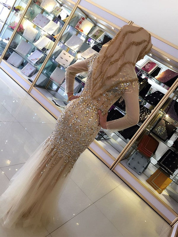 Vestidos musulmanes de tul con lentejuelas y mangas largas, corte tubo/columna, escote redondo y largo hasta el suelo