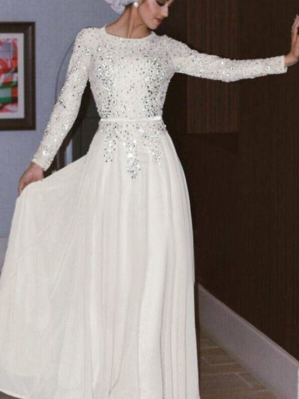 Ivory Chiffon A-Line Floor-Length Dress with Scoop Neck and Full-coverage Sequin Embellishment